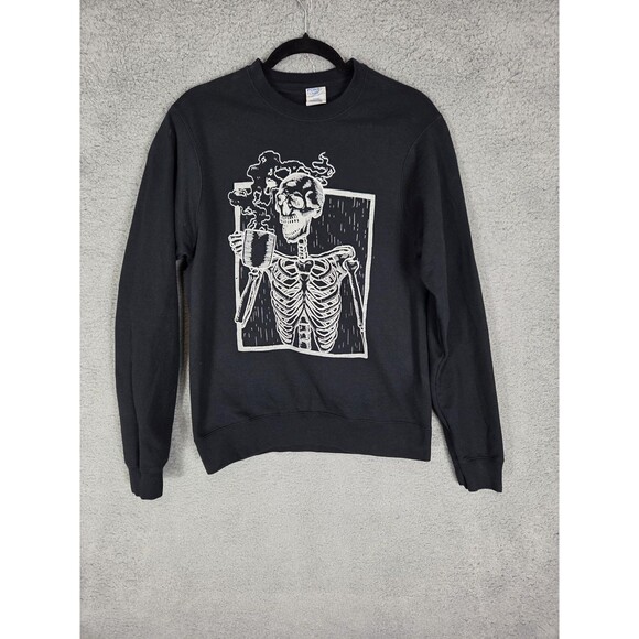 Port & Company Sweatshirt S Black Crewneck Skeleton Coffee Graphic Dark Goth - Picture 1 of 6